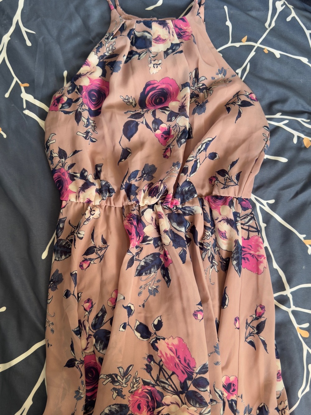 Ardene Mauve Floral Halter Midi Dress with Pink and Navy Roses